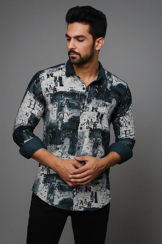 Cipher Chaos Shirt – Abstract Grunge Letter Print in Heavyweight Stretch"