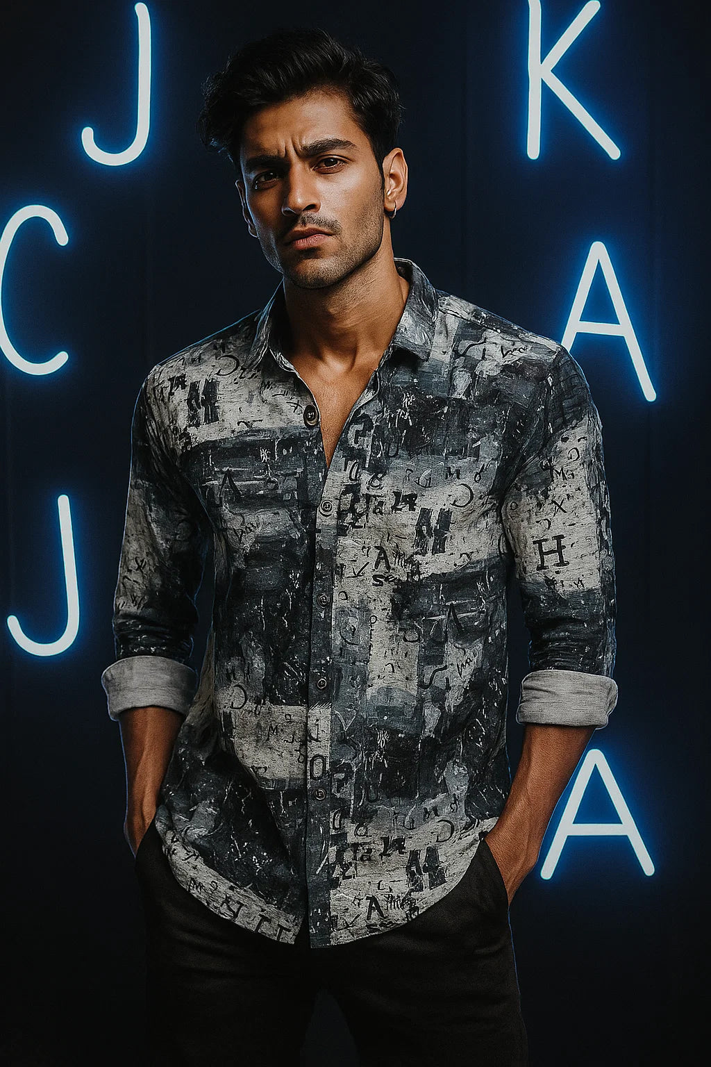 Cipher Chaos Shirt – Abstract Grunge Letter Print in Heavyweight Stretch"