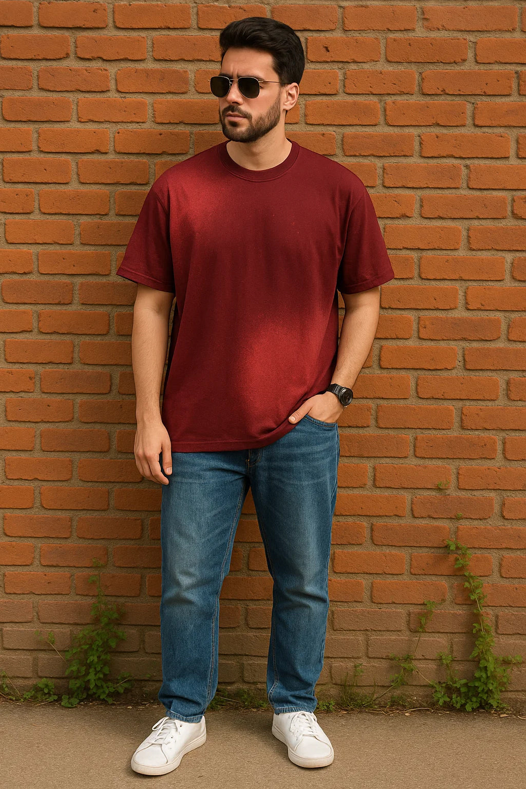 Crimson Fade Oversized Tee Cotton Bleach Effect
