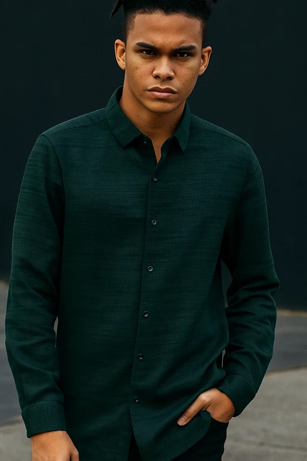 Emerald Shadow Shirt – Premium Dark Green Textured Stretch Fabric
